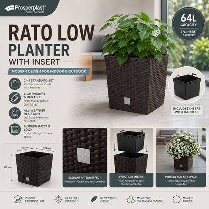 64L Rattan Effect Square Planter with Insert 40cm Garden Flower Pot Umbra