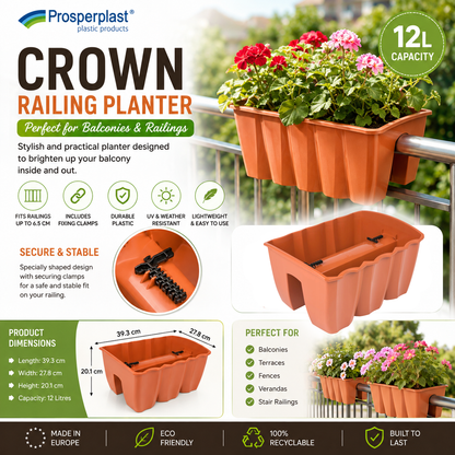 Garden Balcony Rail Planter 12L Terracotta Flower Pot Fits Railings 6.5cm