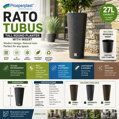 Tall Round Rattan Effect Planter with Insert 27L Anthracite Indoor Outdoor Pot