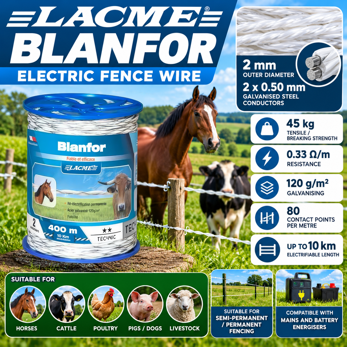 LACME BLANFOR 400m Electric Fence Wire 2mm Horse Cattle Livestock Fencing