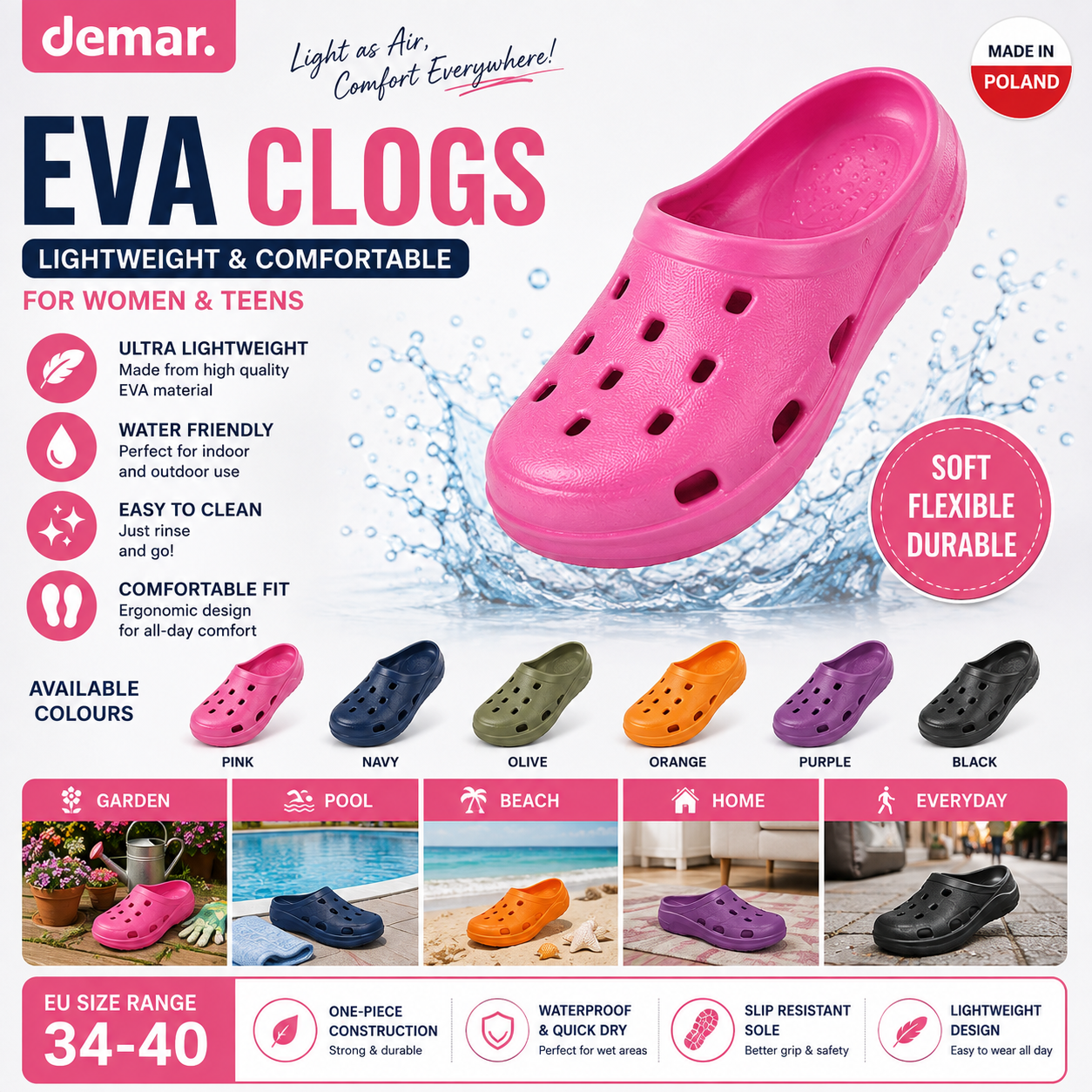 Demar AERO Multicolour EVA Garden Clogs Lightweight Slip On Shoes EU 36-43