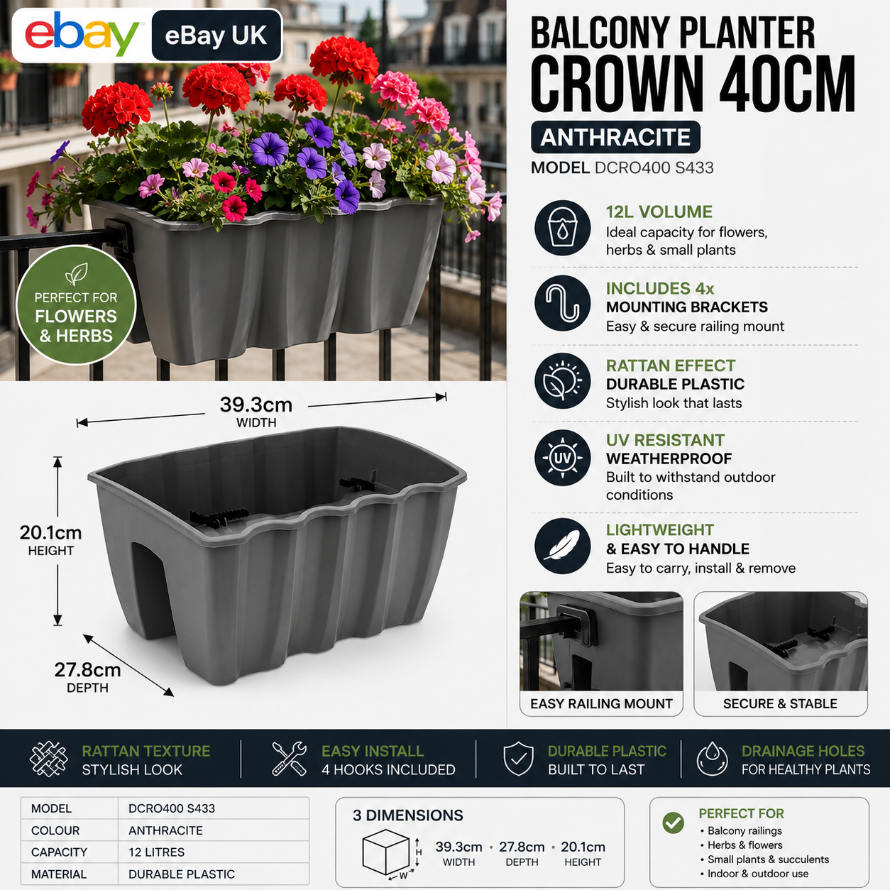 Garden Balcony Rail Planter 12L Anhracite Flower Pot Fits Railings 6.5cm