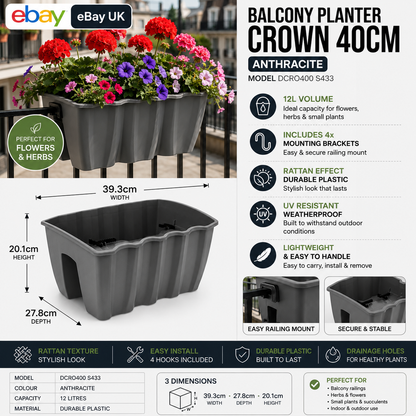 Garden Balcony Rail Planter 12L Anhracite Flower Pot Fits Railings 6.5cm