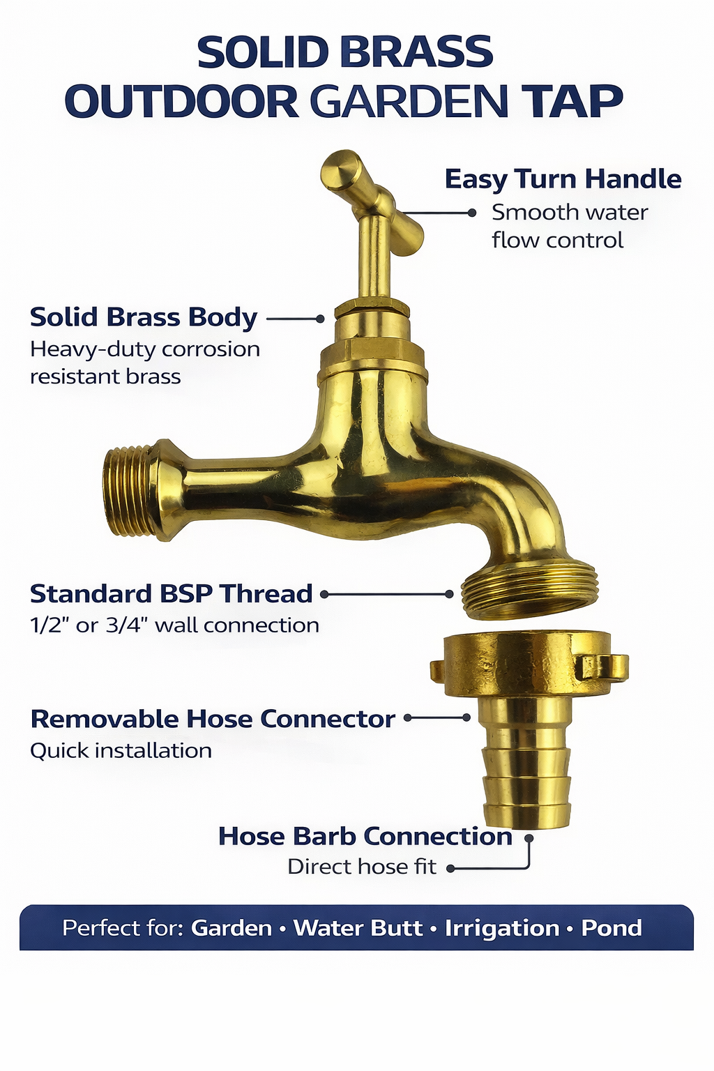 Outdoor Garden Tap 1/2" 3/4" BSP Brass Nickel Nylon Hose Connector Barb Options