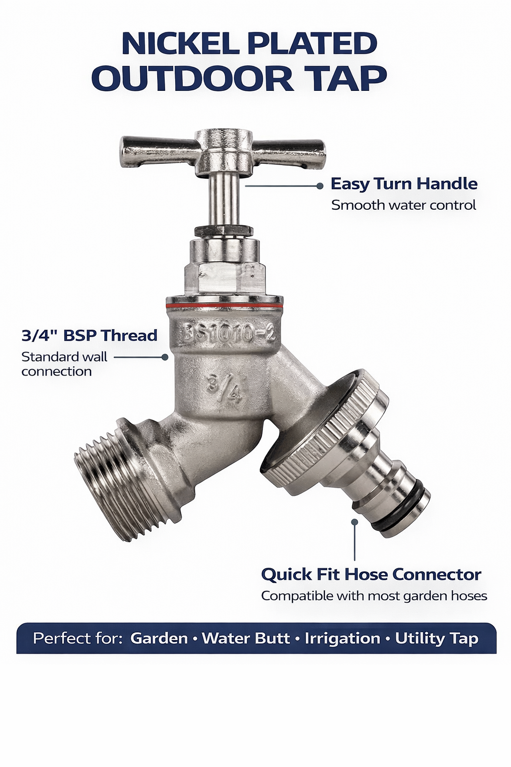 Outdoor Garden Tap 1/2" 3/4" BSP Brass Nickel Nylon Hose Connector Barb Options