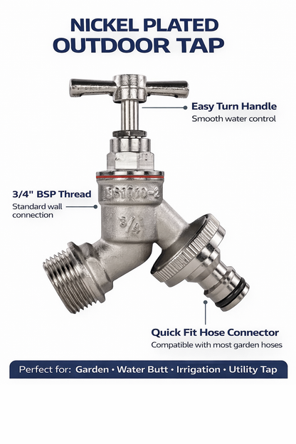 Outdoor Garden Tap 1/2" 3/4" BSP Brass Nickel Nylon Hose Connector Barb Options
