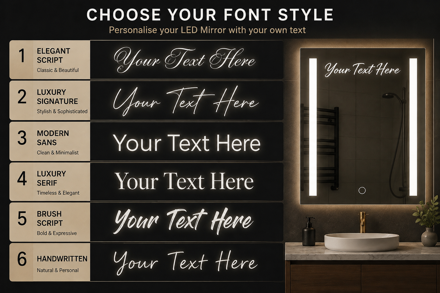 Personalised LED Bathroom Mirror Custom Text Wall Mounted Touch Illuminated