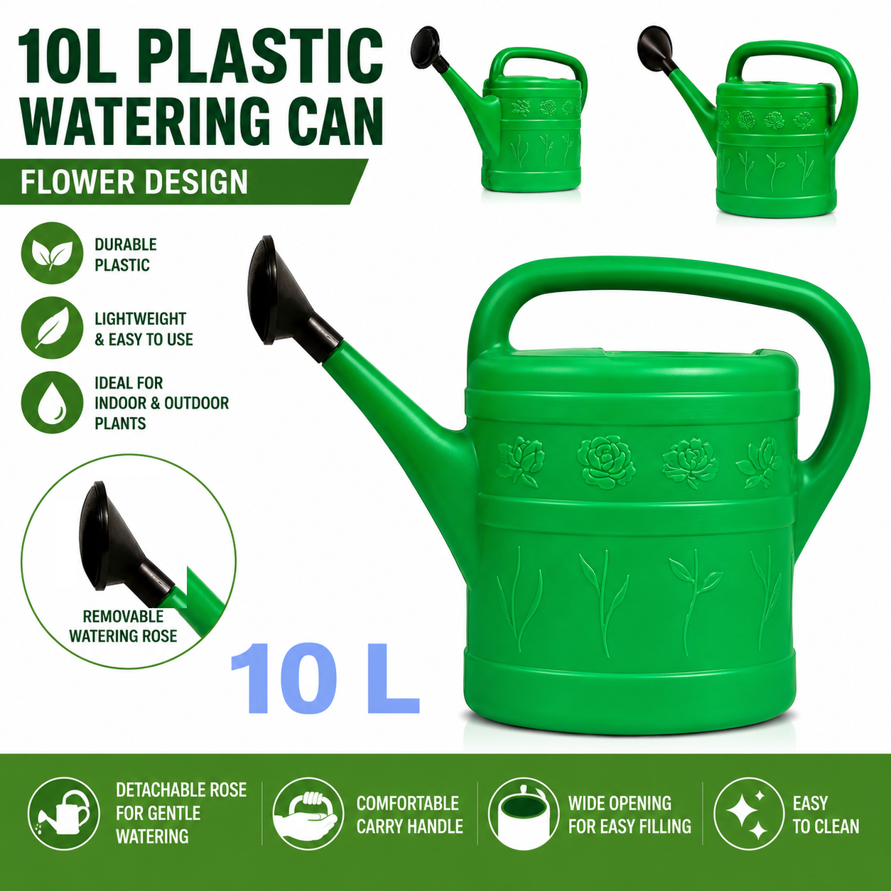 Agritrade Plastic Watering Can 10L Flower Design Garden Indoor Outdoor.