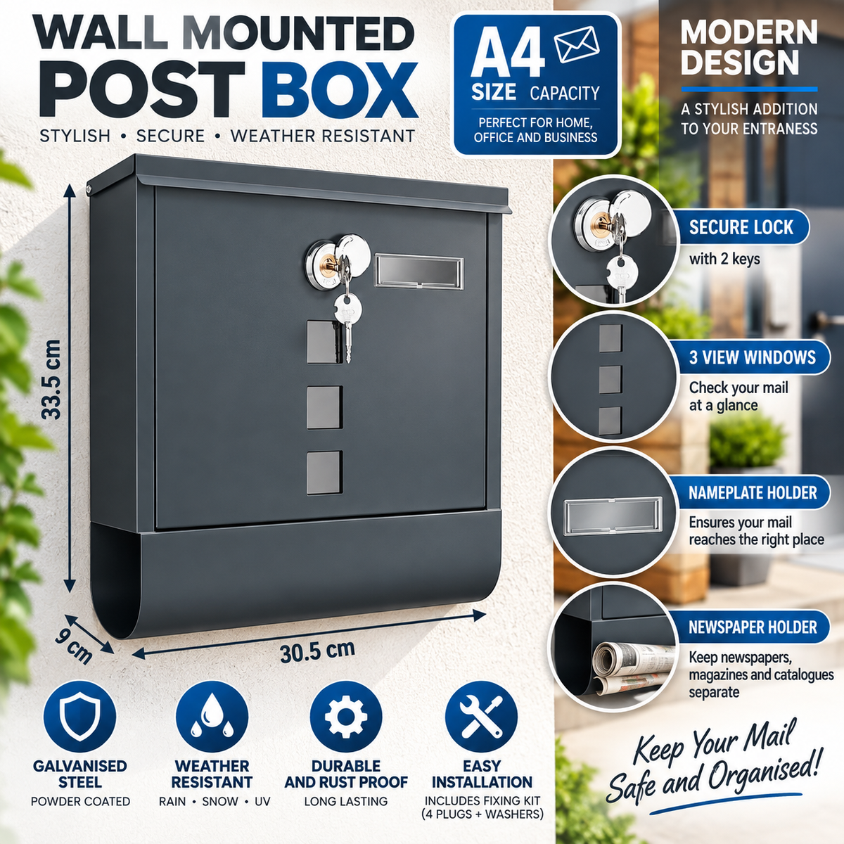 Wall Mounted Post Box Lockable A4 Letterbox Newspaper Holder Anthracite