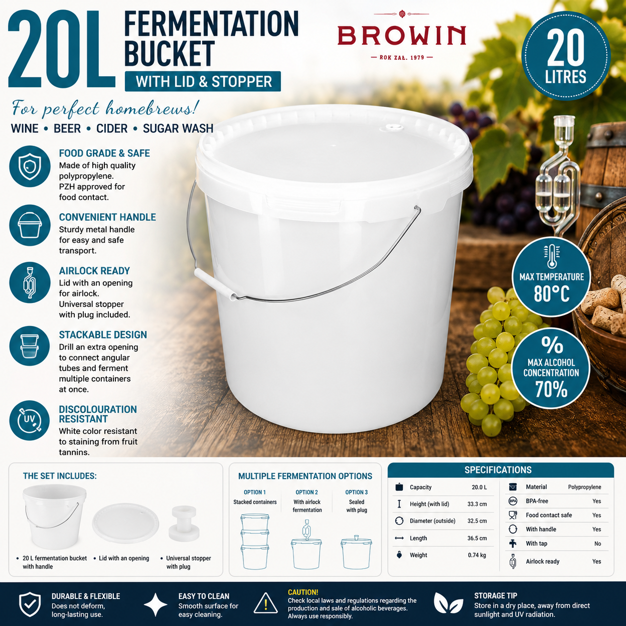 20L Fermentation Bucket with Lid Food Grade Home Brew Brewing Container BPA Free