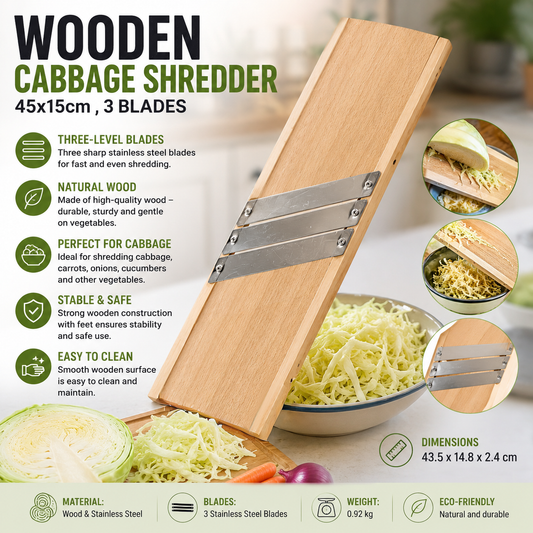 Wooden Cabbage Slicer 3 Stainless Steel Blades Vegetable Shredder Manual