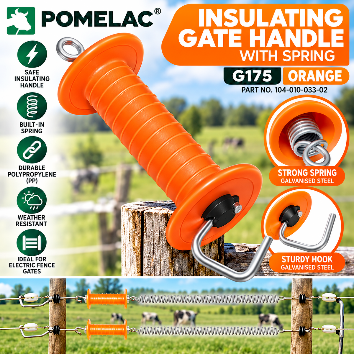 Electric Fence Gate Handle with Spring ORANGE Insulated Grip Farm Fencing G175