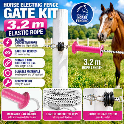 Horse Electric Fence Gate Kit 3.2m PINK Handle Elastic Rope Paddock Fencing