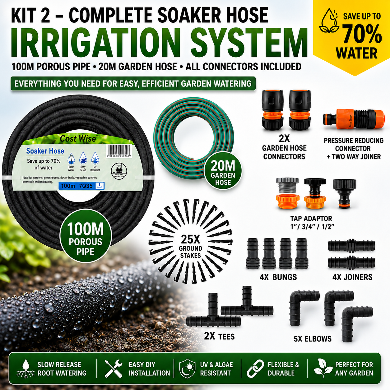 100m Porous Soaker Hose Irrigation Kit with 20m Garden Hose KIT2