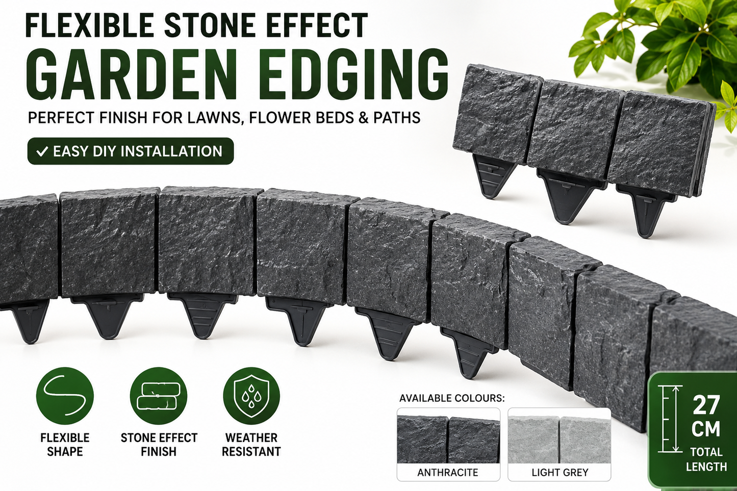 Black or Grey 27cm Garden Lawn Edging Palisade Anthracite Plastic Border Fence