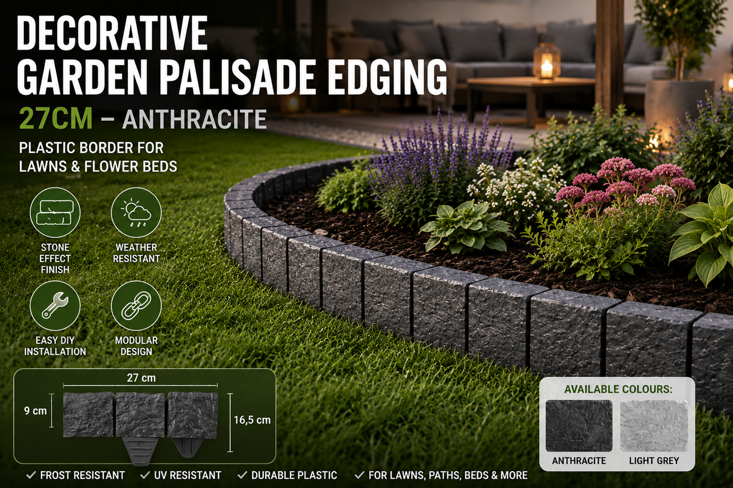 Black or Grey 27cm Garden Lawn Edging Palisade Anthracite Plastic Border Fence