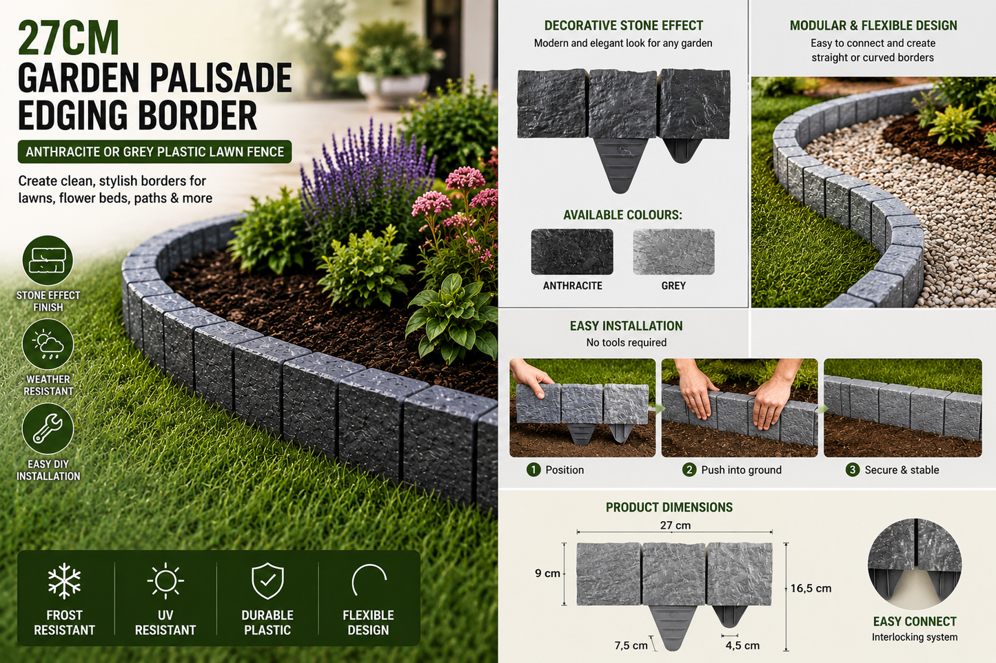 Black or Grey 27cm Garden Lawn Edging Palisade Anthracite Plastic Border Fence