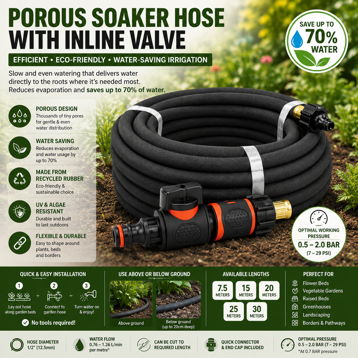 Porous Soaker Hose Pipe With Valve - Irrigation Watering Hose lenght 7.5m-30m