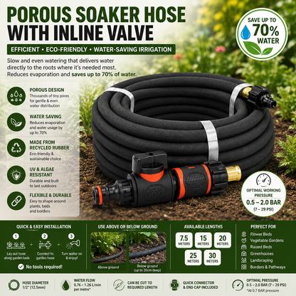 Porous Soaker Hose Pipe With Valve - Irrigation Watering Hose lenght 7.5m-30m