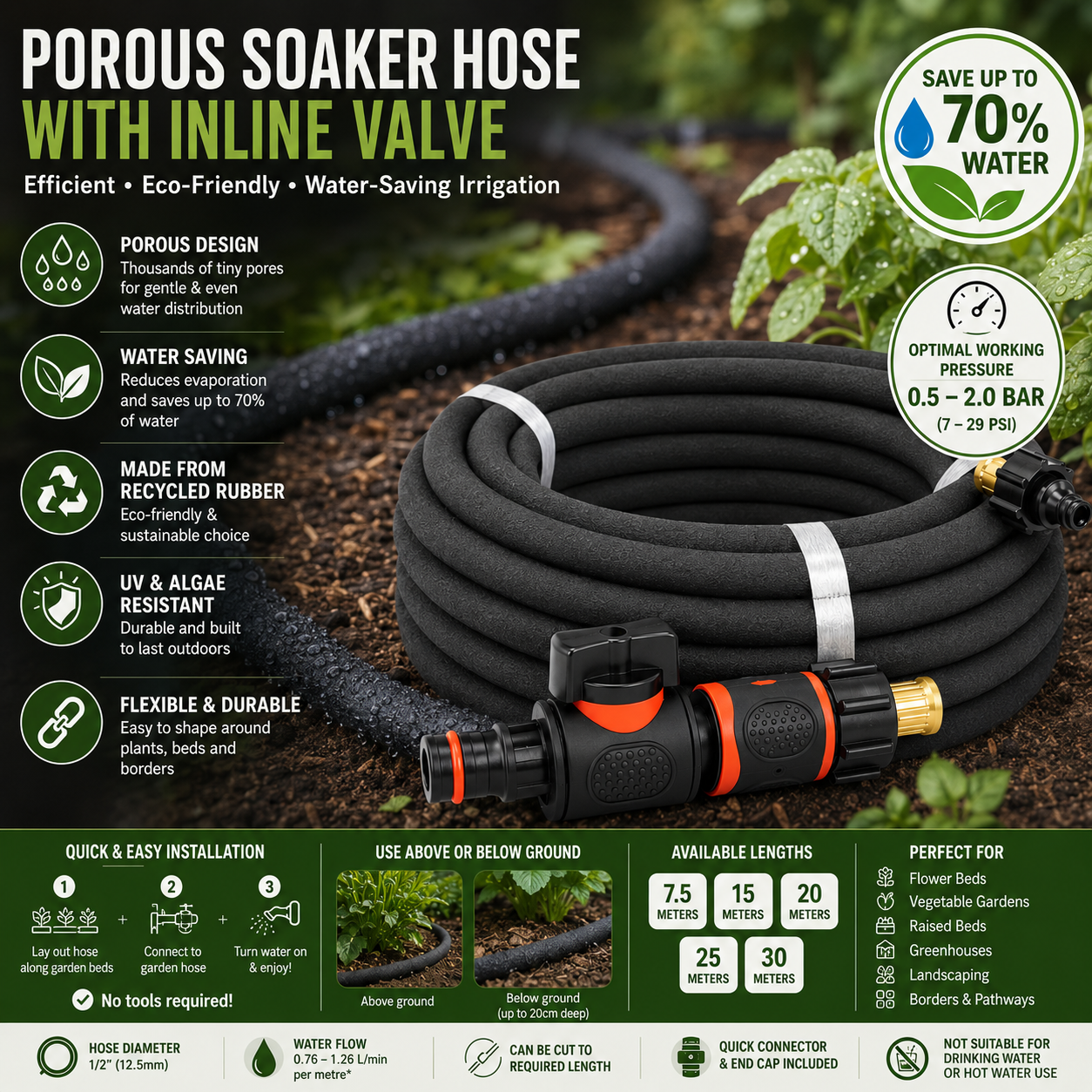 Porous Soaker Hose Pipe With Valve - Irrigation Watering Hose lenght 7.5m-30m