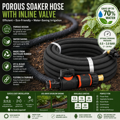 Porous Soaker Hose Pipe With Valve - Irrigation Watering Hose lenght 7.5m-30m