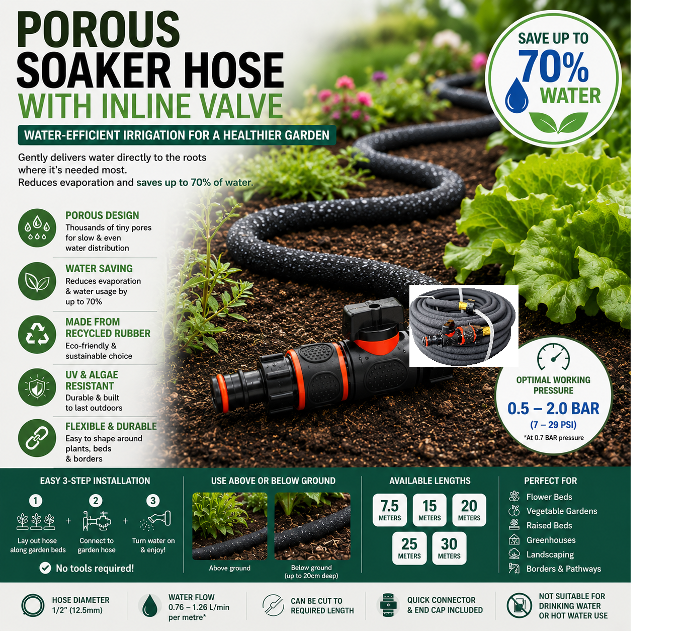 Porous Soaker Hose Pipe With Valve - Irrigation Watering Hose lenght 7.5m-30m