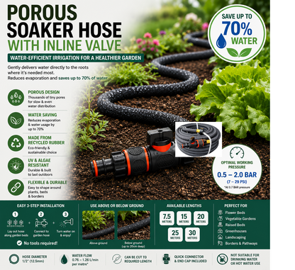Porous Soaker Hose Pipe With Valve - Irrigation Watering Hose lenght 7.5m-30m