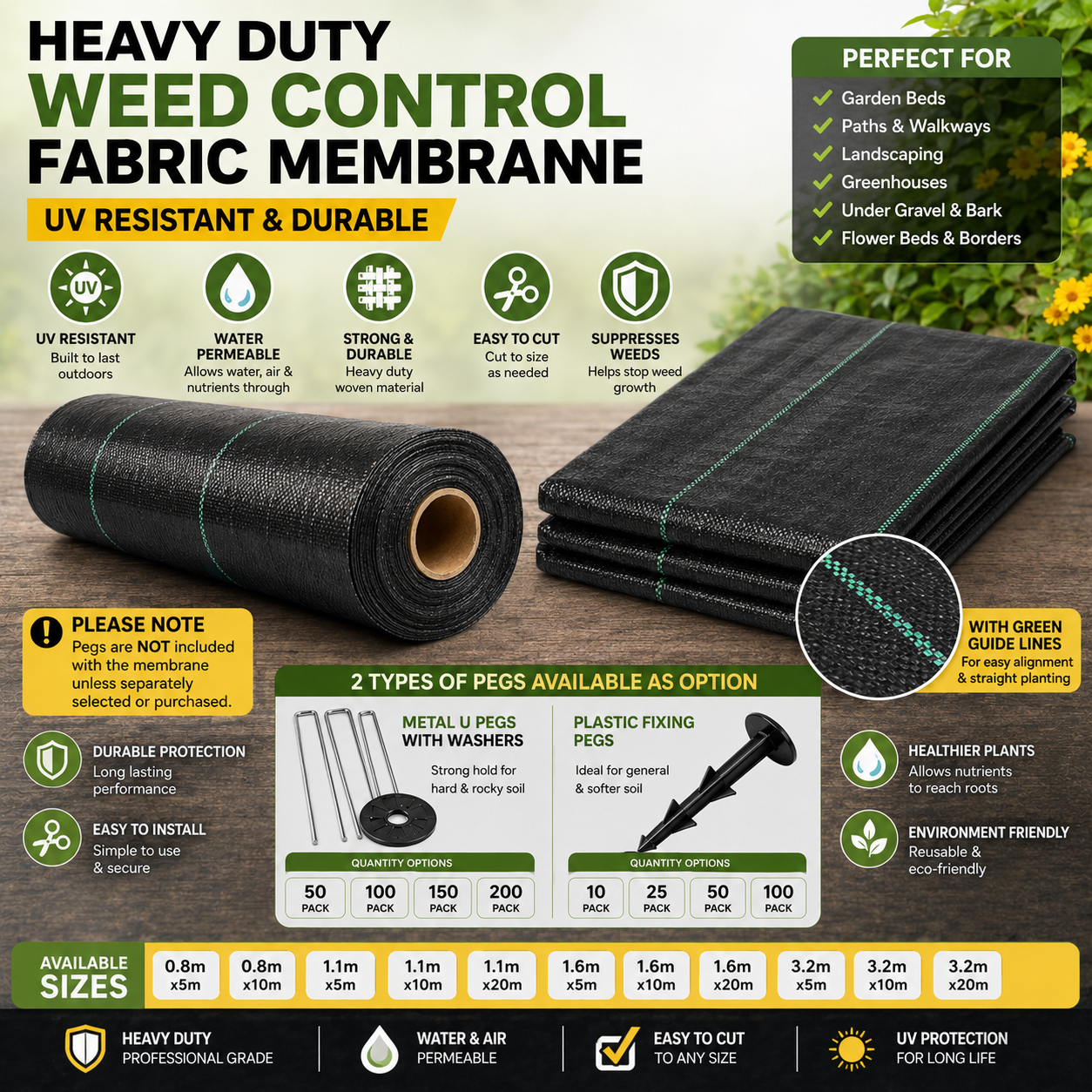 Heavy Duty Weed Control Fabric Ground Cover Membrane UV Resistant & Pegs