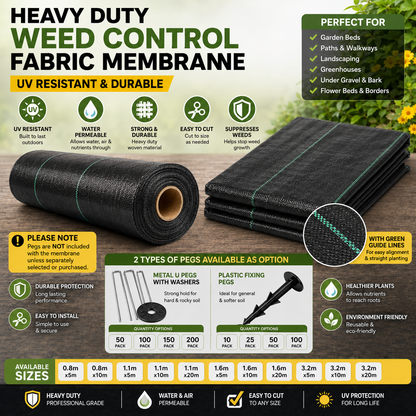 Heavy Duty Weed Control Fabric Ground Cover Membrane UV Resistant & Pegs