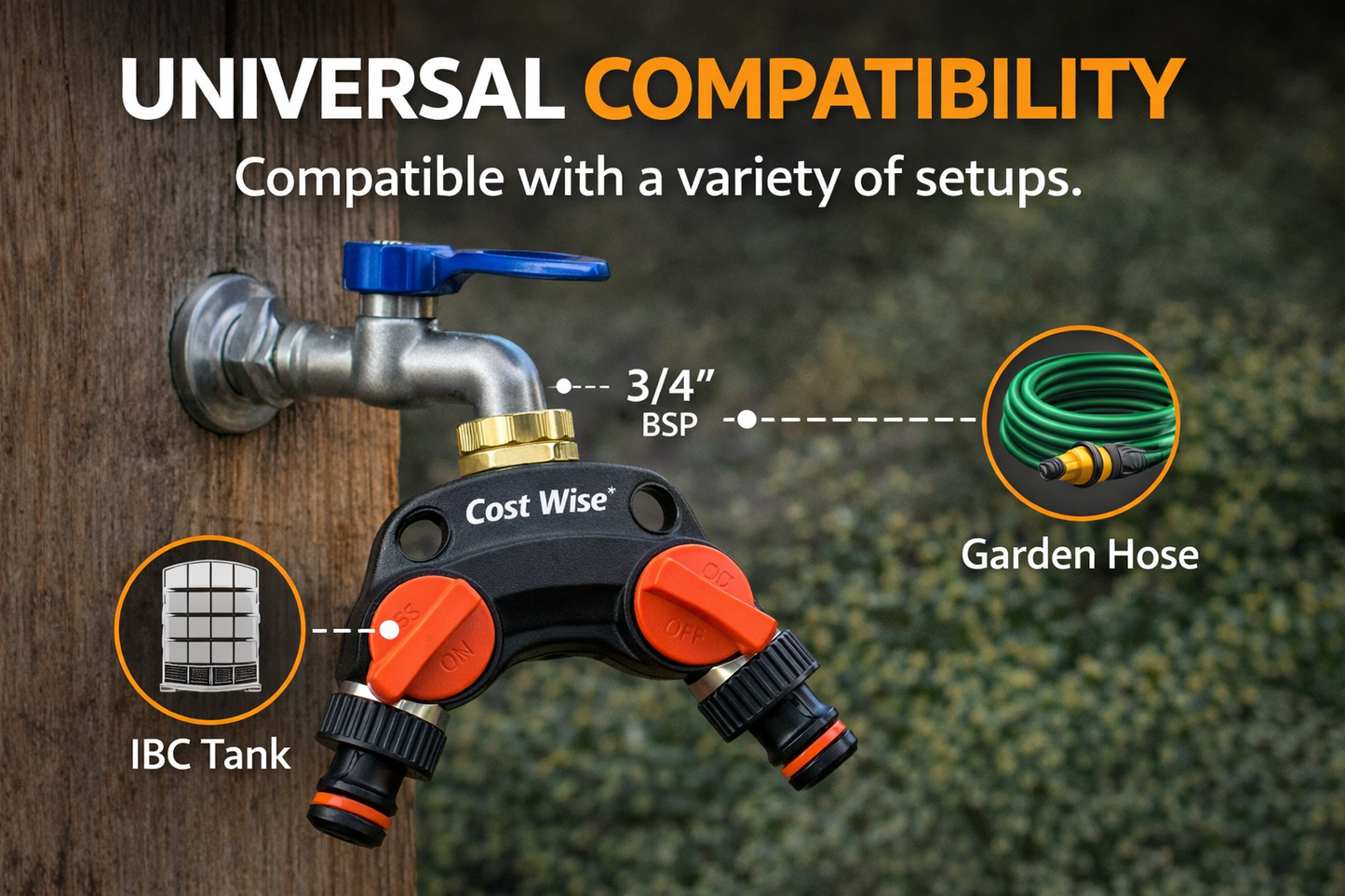 2 Way Tap Splitter Hose Connector Garden Valve BSP 3/4 1/2 Brass Plastic