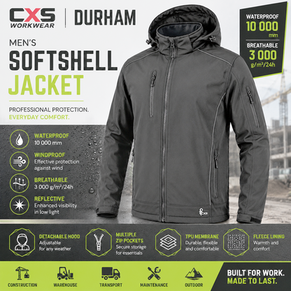 CXS Durham Professional Softshell Jacket Men's Waterproof Windproof Black Workwear