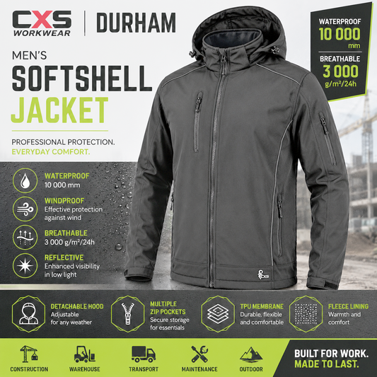 CXS Durham Professional Softshell Jacket Men's Waterproof Windproof Black Workwear