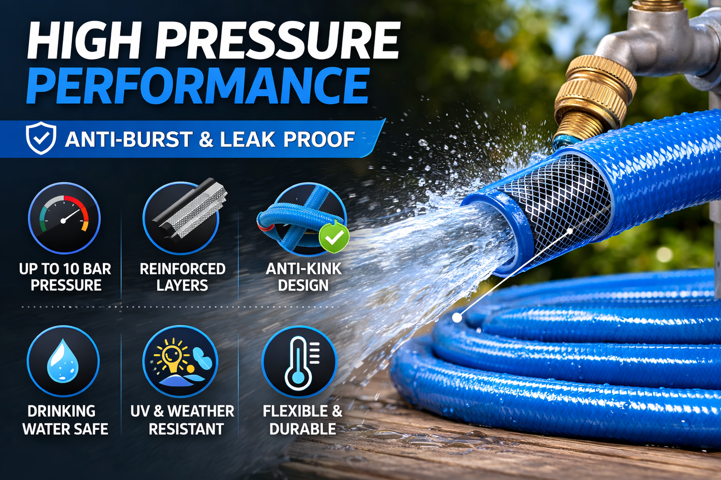 Reinforced Drinking Water Hose Pipe 10mm 1/2" Garden Irrigation 10m–60m