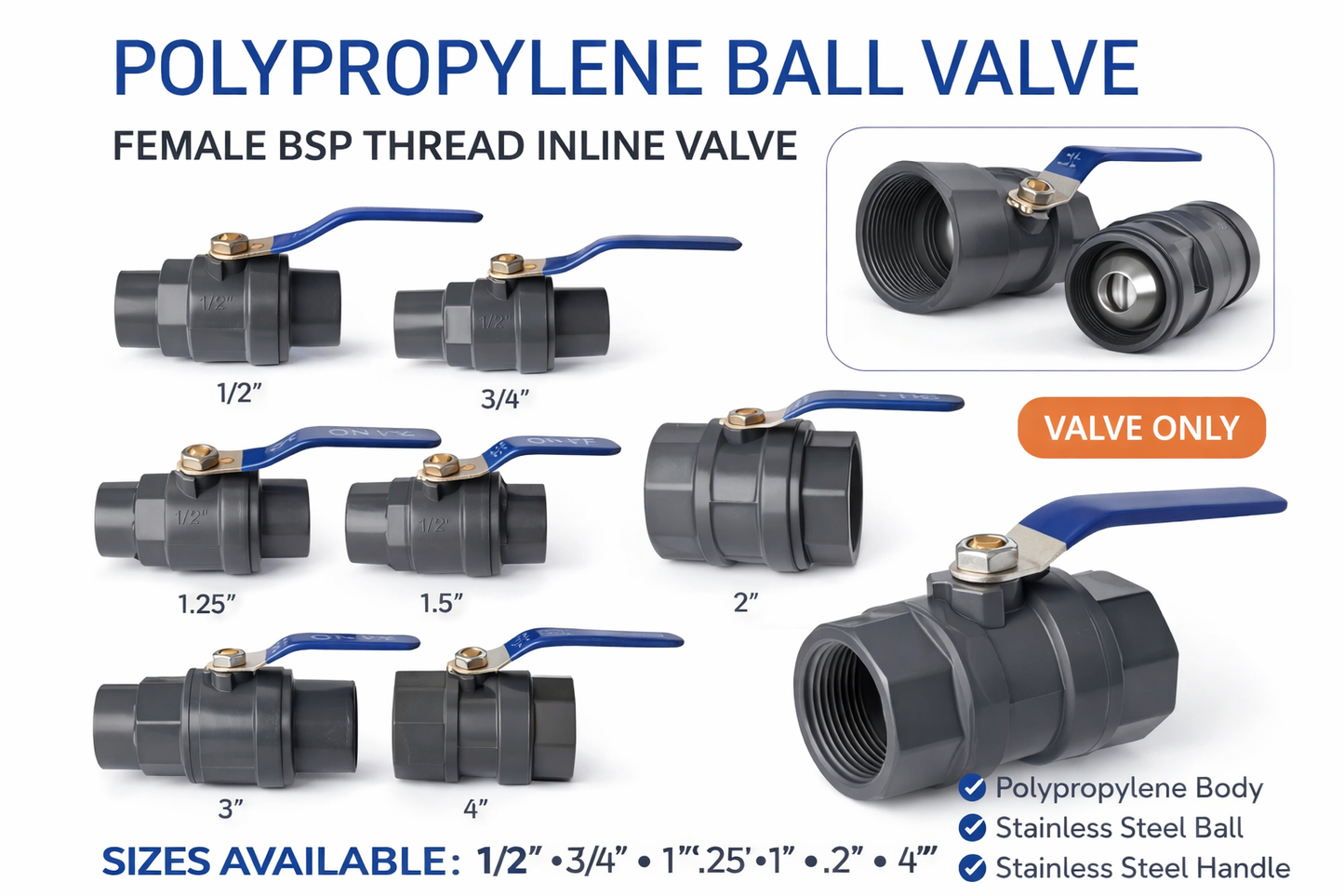 Polypropylene Ball Valve Female BSP Thread Inline Shut Off Tap 1/2"–4"