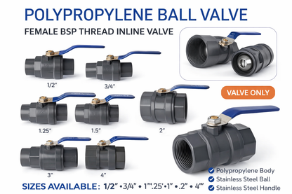 Polypropylene Ball Valve Female BSP Thread Inline Shut Off Tap 1/2"–4"