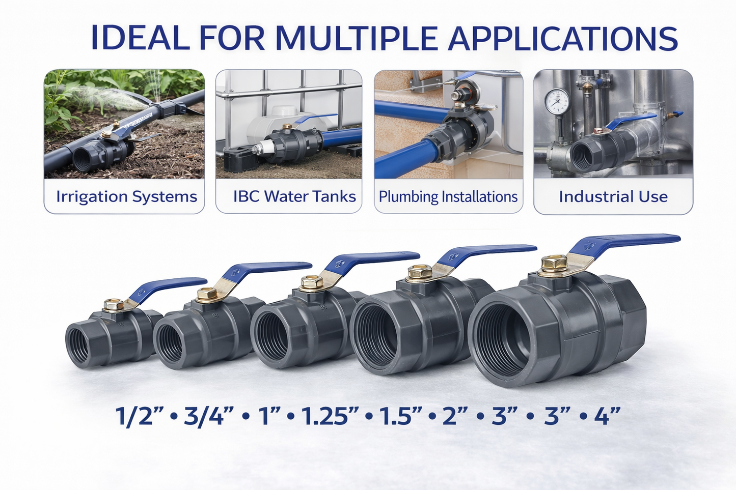 Polypropylene Ball Valve Female BSP Thread Inline Shut Off Tap 1/2"–4"
