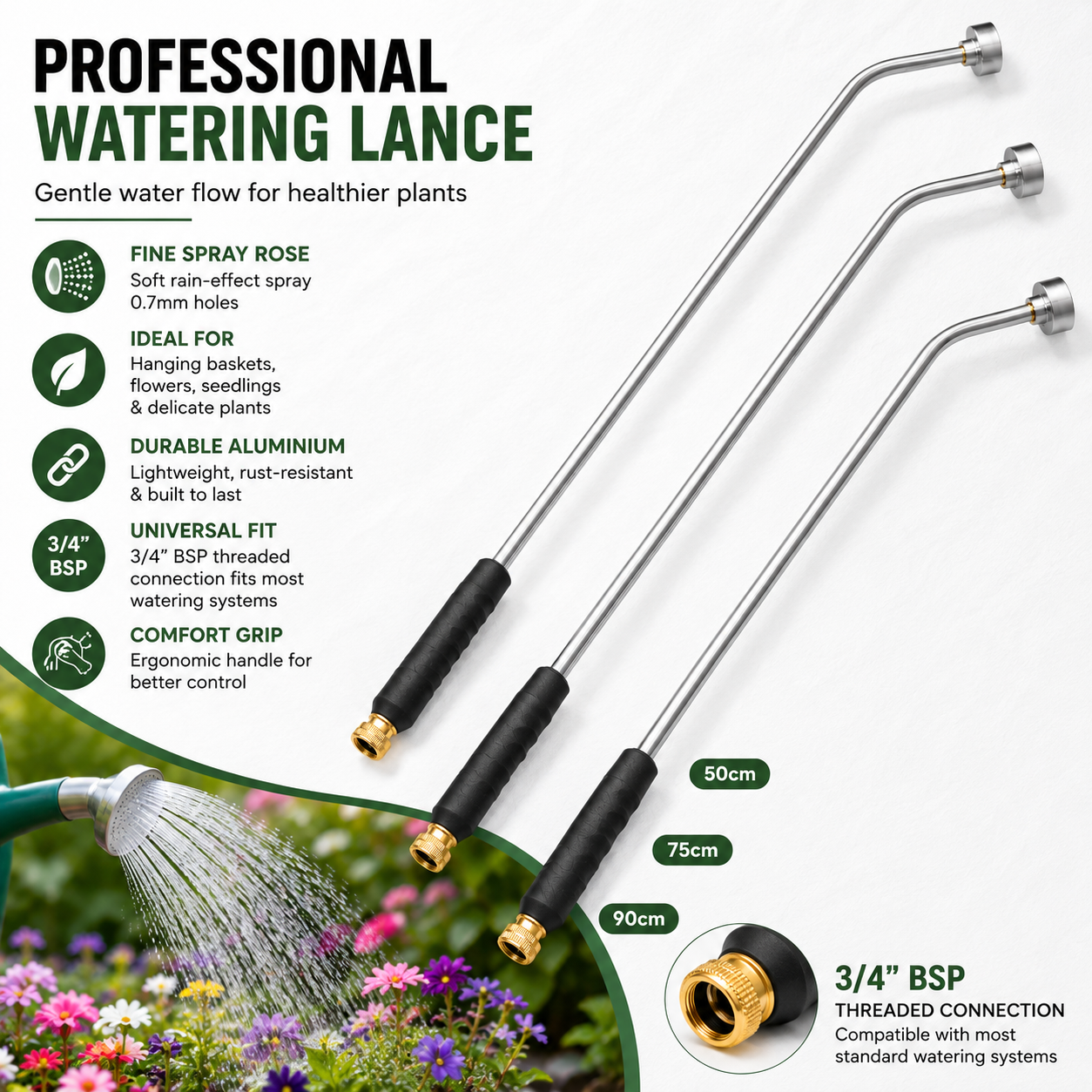 Professional Watering Lance Garden Rose Aluminium Long Reach 50 75 90cm