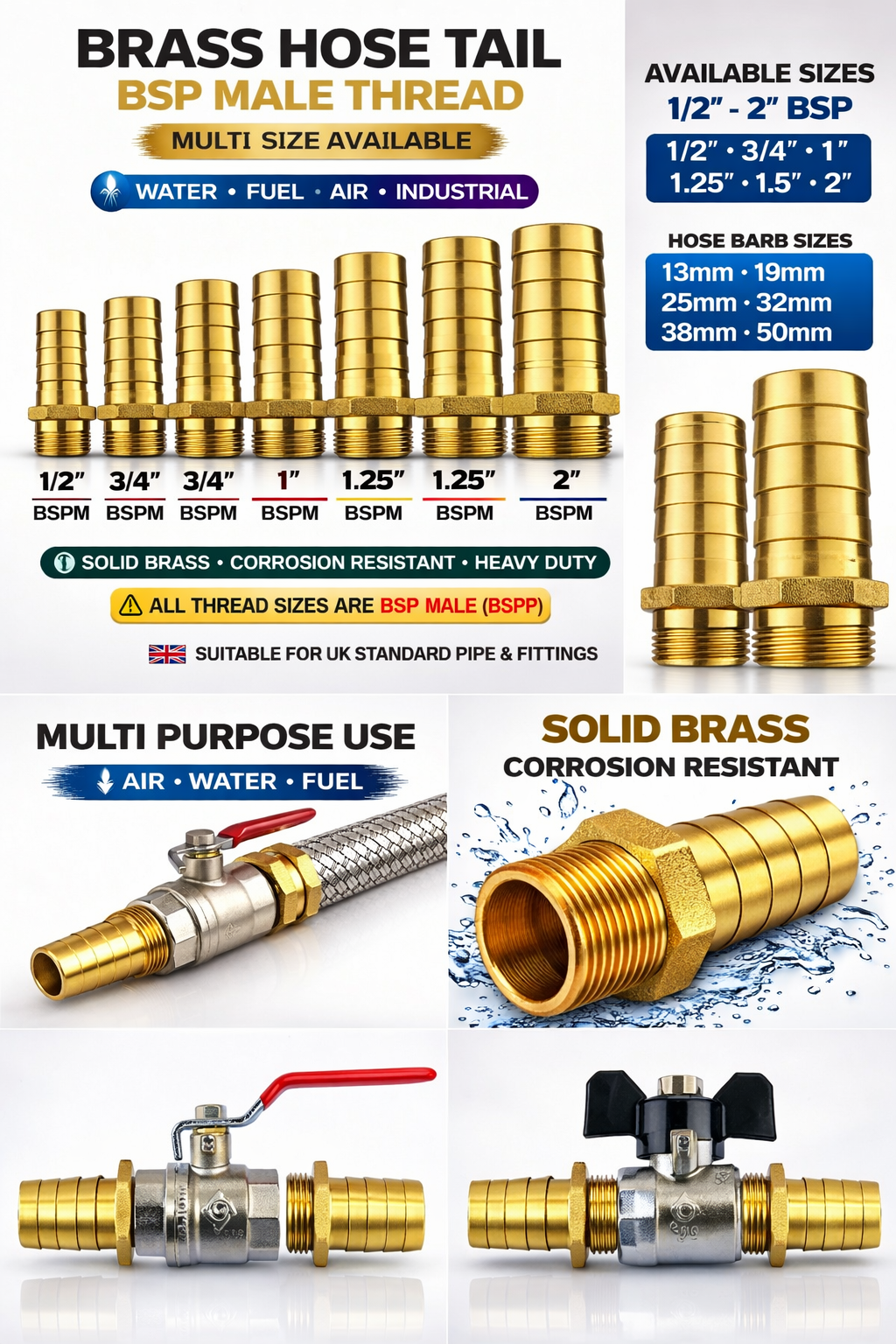 Brass Hose Tail BSP Male Thread Barb Joiner Air Water Fuel Gas Fitting