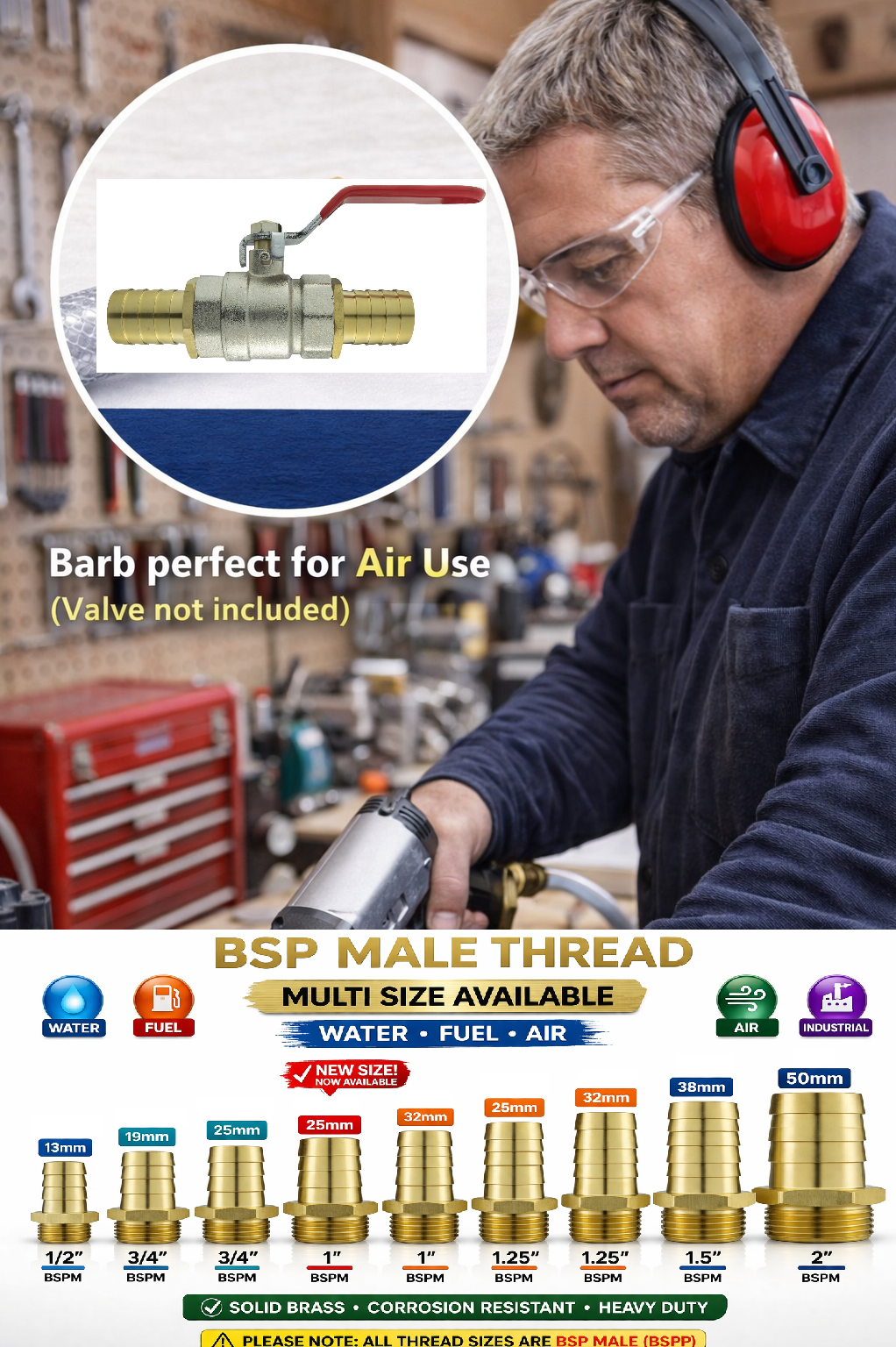 Brass Hose Tail BSP Male Thread Barb Joiner Air Water Fuel Gas Fitting