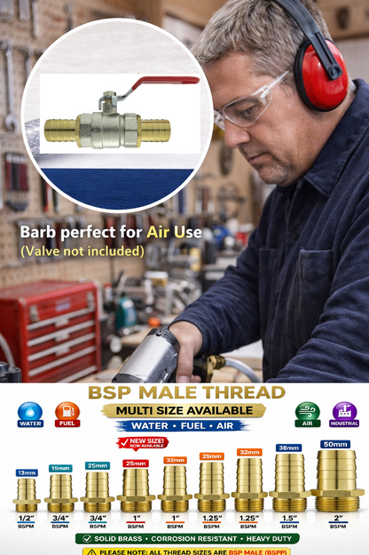 Brass Hose Tail BSP Male Thread Barb Joiner Air Water Fuel Gas Fitting