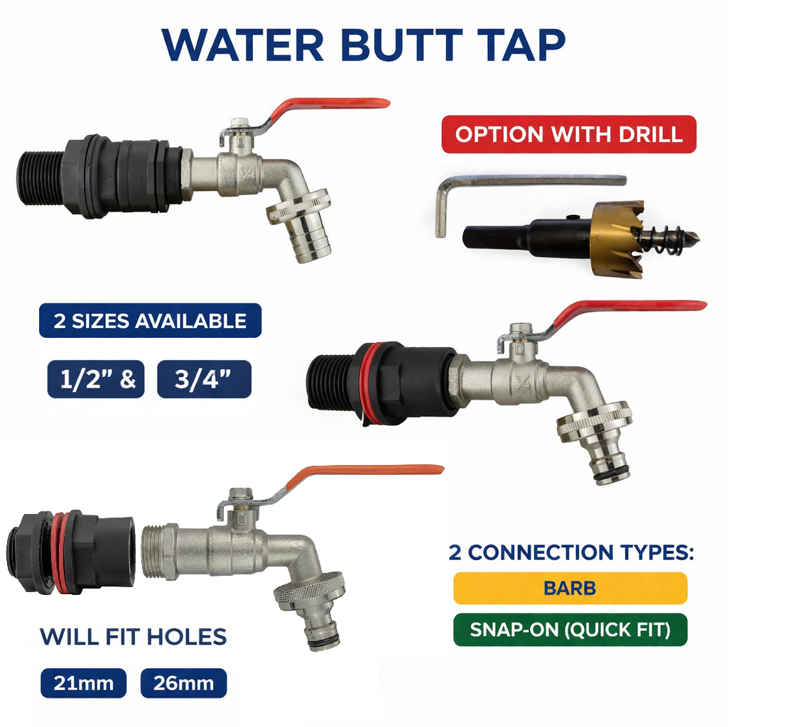 Rain Barrel Tap Kit 1/2" 3/4 BSP Water Butt Connector - Fit 21mm 26mm Hole
