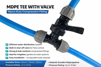 MDPE Compression Tee with Shut Off flow control Valve Water Pipe Fitting 20-32mm