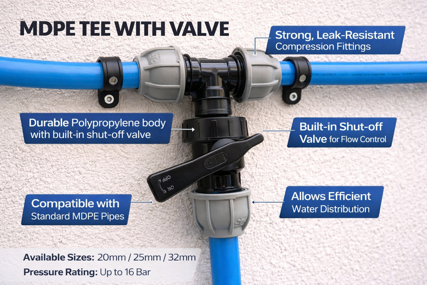MDPE Compression Tee with Shut Off flow control Valve Water Pipe Fitting 20-32mm