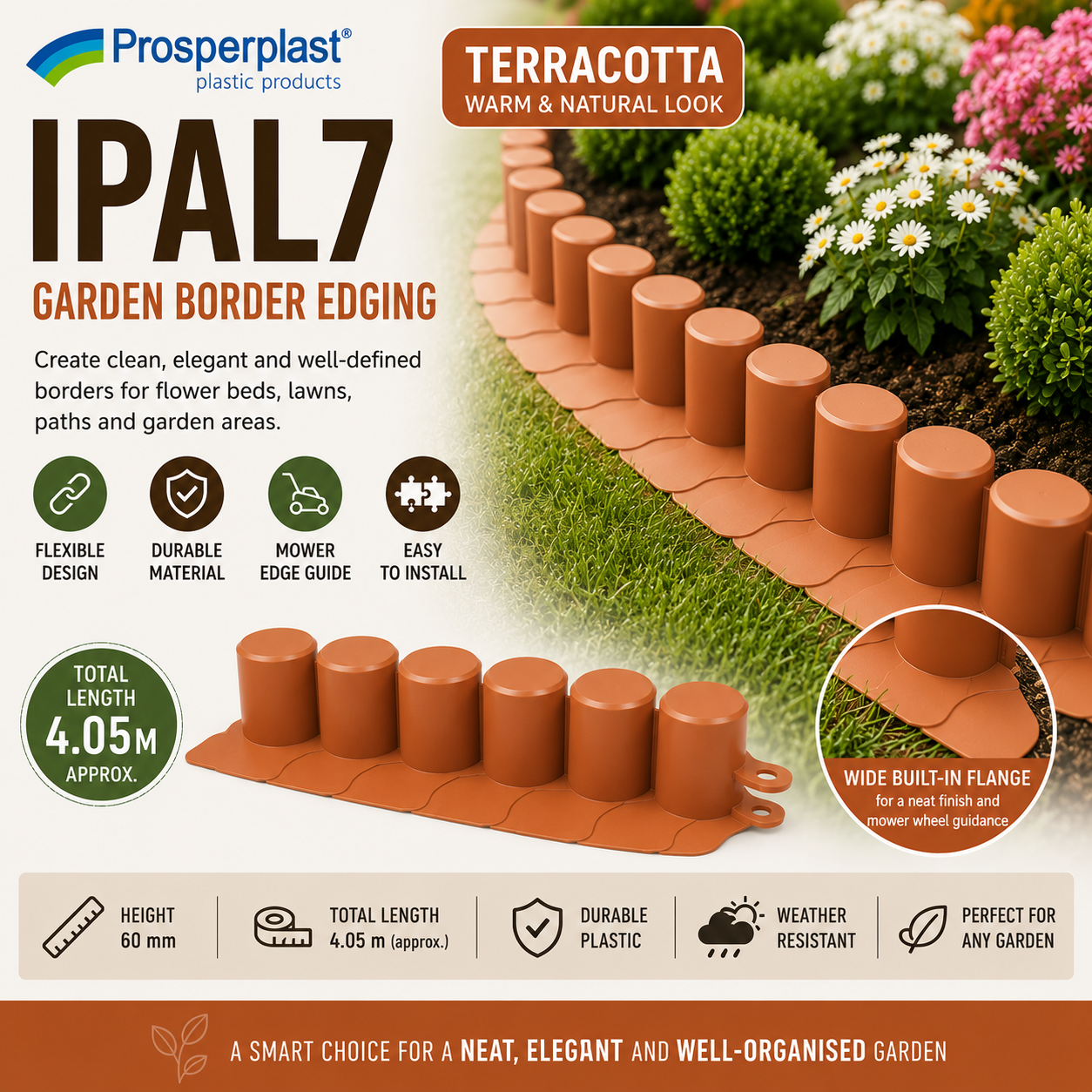 Garden Border Edging 4.05m Flexible Lawn Edge Flower Bed Plastic IPAL7 Brown Terracotta