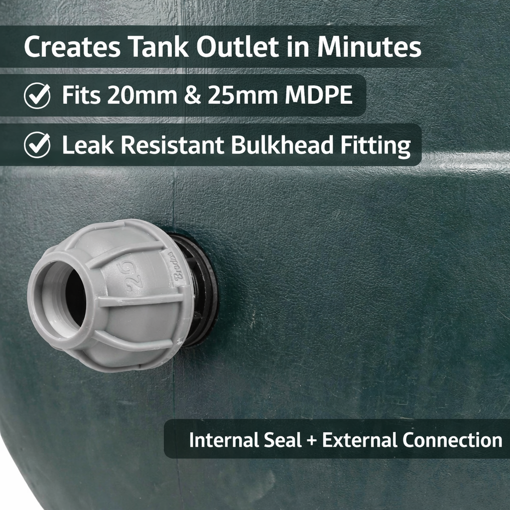 Water Butt Tank Outlet MDPE 20mm 25mm Bulkhead Fitting Connector UK