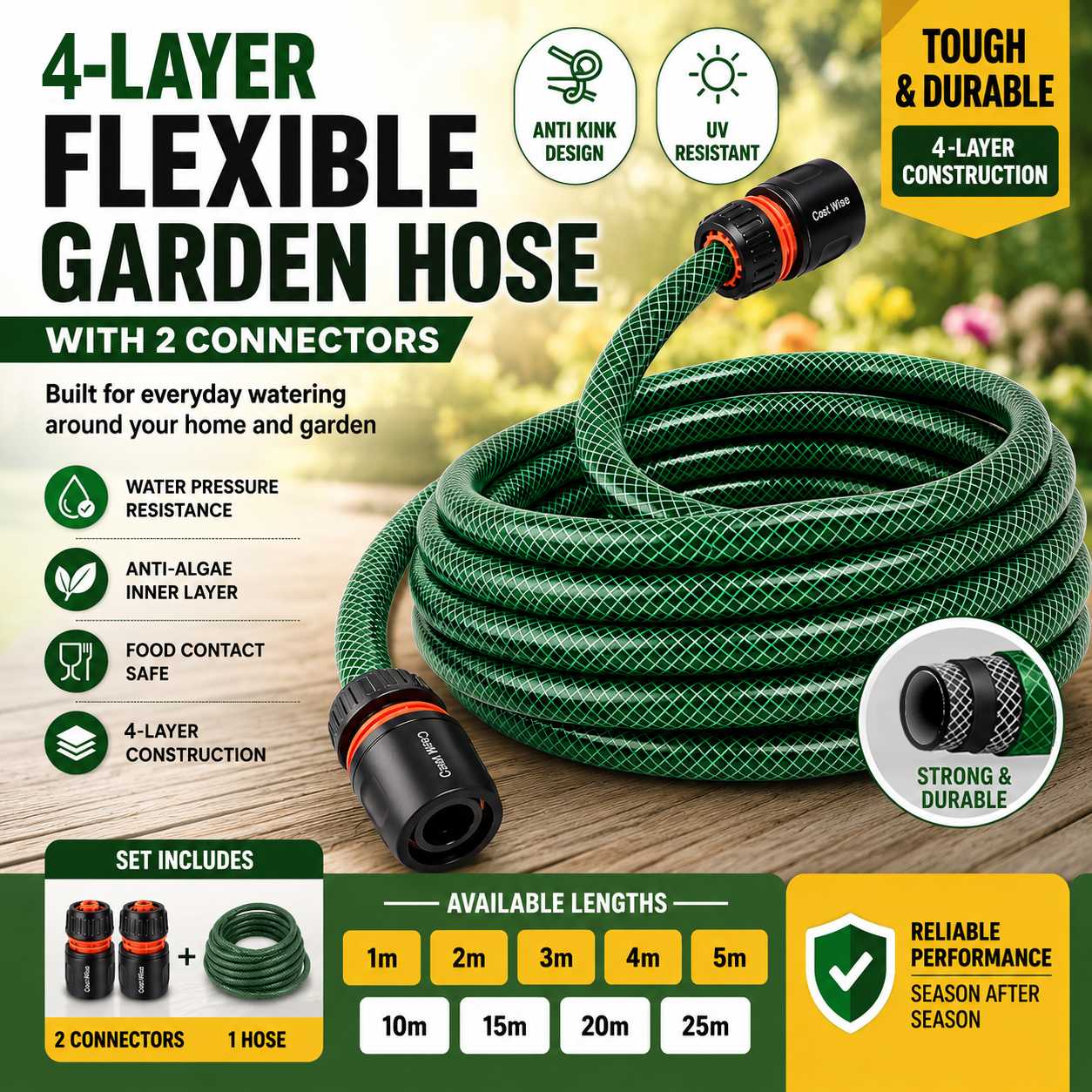 Premium 4 Layer Garden Green Hose Pipe Watering Hose with 2 Hose Connectors