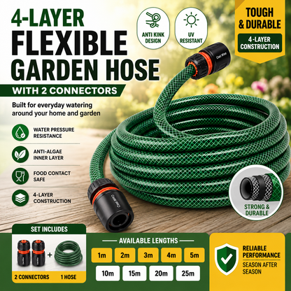 Premium 4 Layer Garden Green Hose Pipe Watering Hose with 2 Hose Connectors