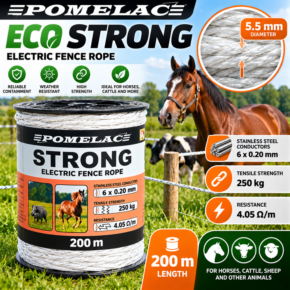 Electric Fence Rope 200m 5.5mm Heavy Duty for Horses Cattle Livestock POMELAC