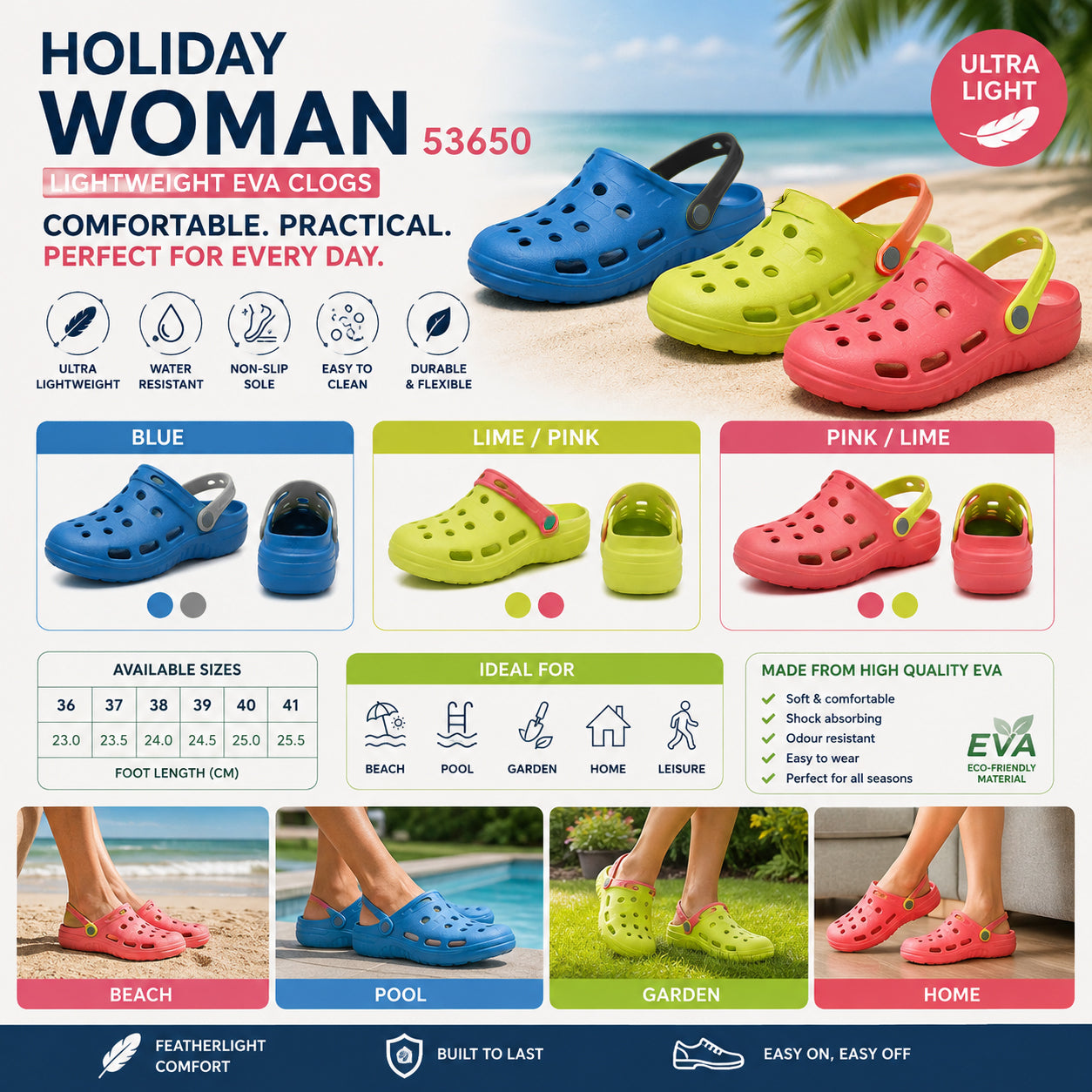 Ladies EVA Garden Shoes Lightweight Slip On Clogs Beach Pool Holiday Footwear