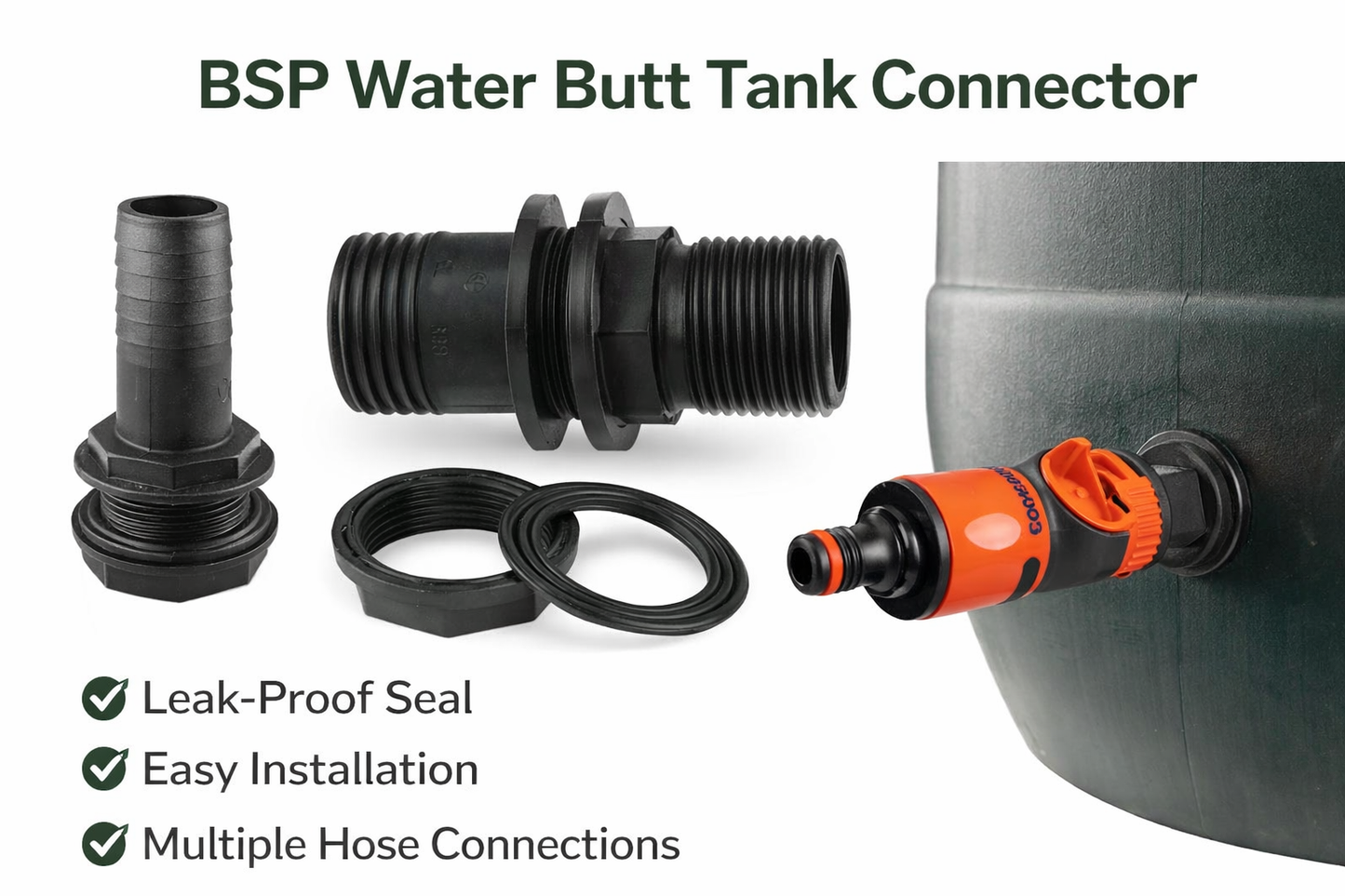 BSP Tank Connector with Hose Tail – Water Butt Bulkhead Fitting with Nut & Washer